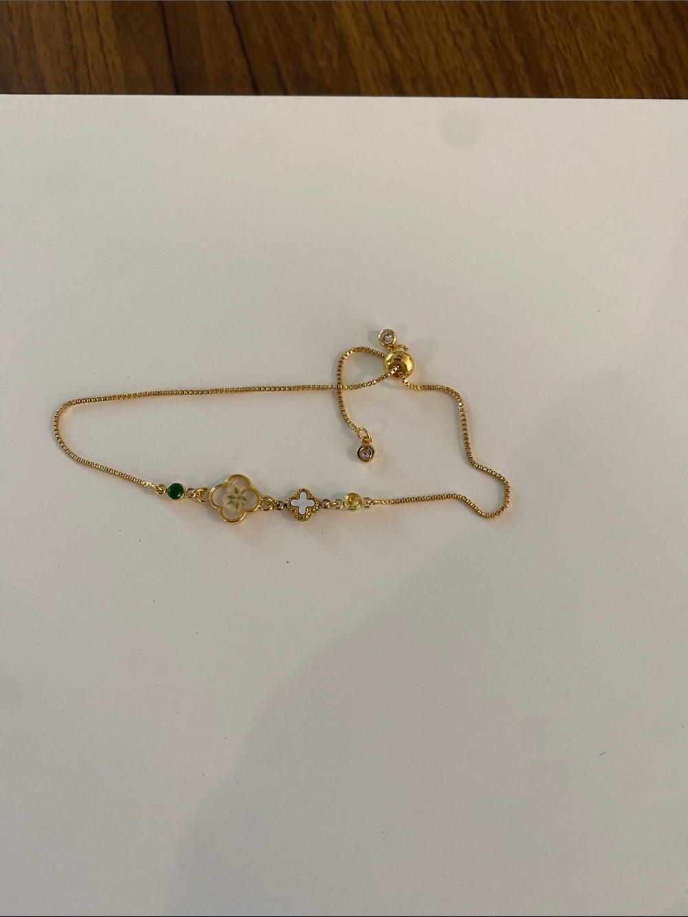 Gold Clover Bracelet with White and Green Accents
